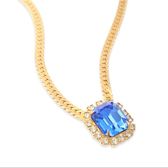Vintage Blue Rhinestone Pendant Necklace Emerald Cut Gold Tone Herringbone Chain - Picture 2 of 5